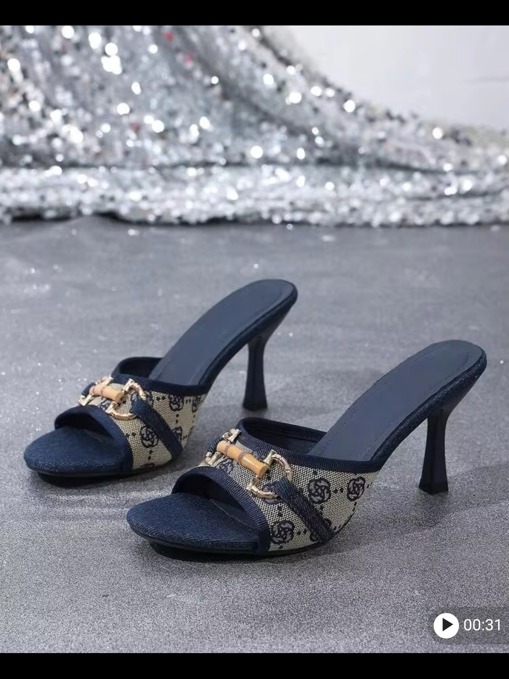 Navy Blue Open-Toe Mule Heels with Buckle Accent